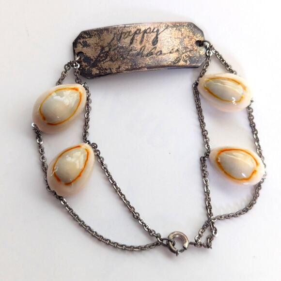 Vintage Estate 1945 Sterling Silver Cowrie Shell Happy Birthday Bracelet - Picture 1 of 3